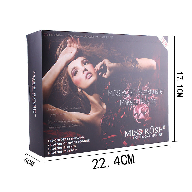 Miss Rose makeup palette packaging with dimensions on a white background.