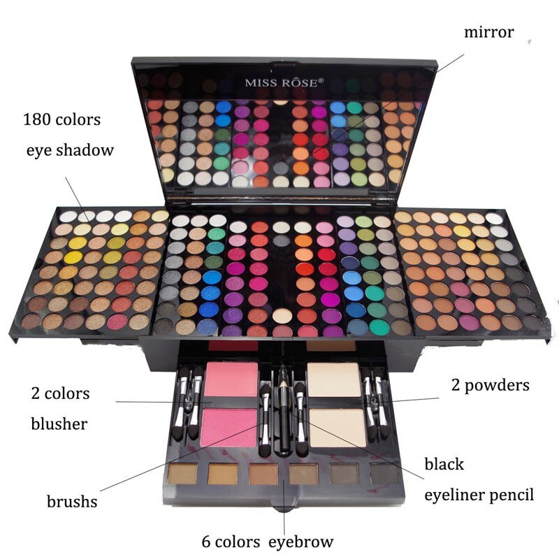 Labeled 180 Colors Eyes Shadow Blush Set Personalized Piano-shaped Makeup Palette Box showing eyeshadows, blushers, powders, and eyebrow colors.