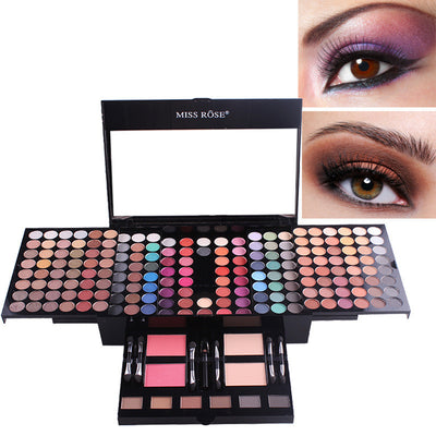 Makeup palette with colorful shades and a close-up of eyes with makeup.
