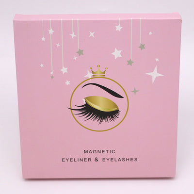 Pink box with eyelash and eyeliner design on a white background