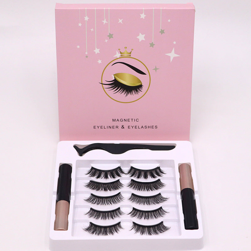 Eyelash set with magnetic eyeliner and false lashes in a pink box on a white background.