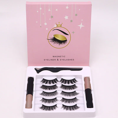 Eyelash set with magnetic eyeliner and false lashes in a pink box on a white background.
