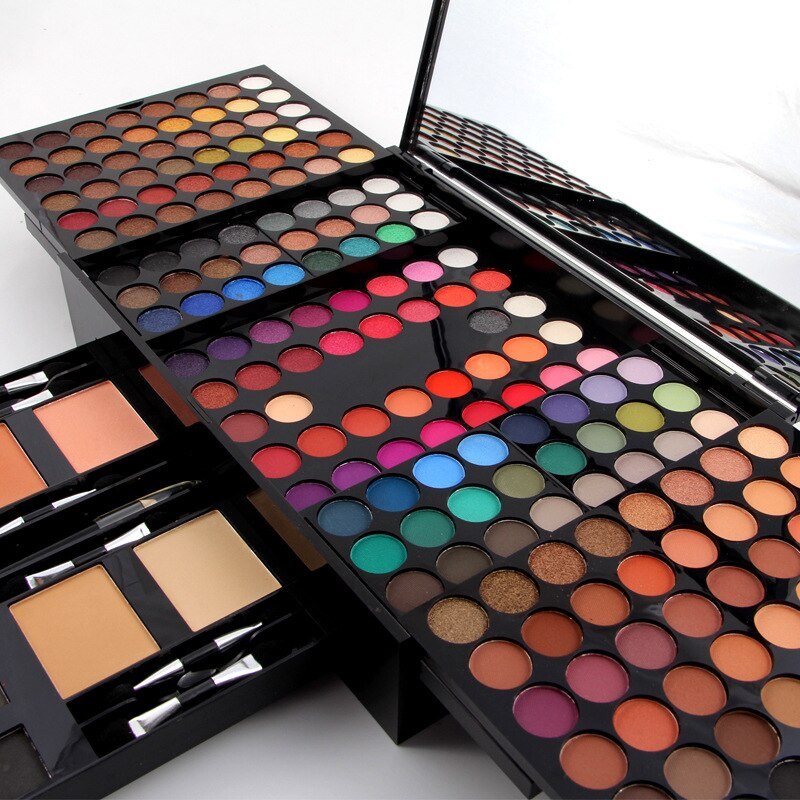 Close-up of 180 Colors Eyes Shadow Blush Set Personalized Piano-shaped Makeup Palette Box with vibrant eyeshadows and built-in mirror for makeup use.