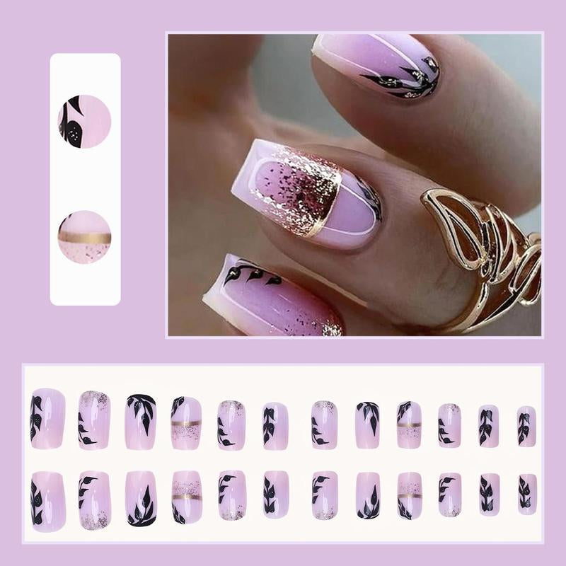 Glitter Square Fake Nail, 24Pcs Leaf Pattern Press on Nail with & 1 Sheet Tape & 1 Count File, Removable Nail Art Artificial Full Cover, Women Girls DIY Manicure