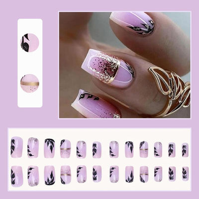 Glitter Square Fake Nail, 24Pcs Leaf Pattern Press on Nail with & 1 Sheet Tape & 1 Count File, Removable Nail Art Artificial Full Cover, Women Girls DIY Manicure