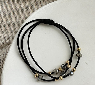 Black Durable Hair Rope Adult Hair Elastic Band with gold and dark crystal beads, styled for high elasticity and durability.