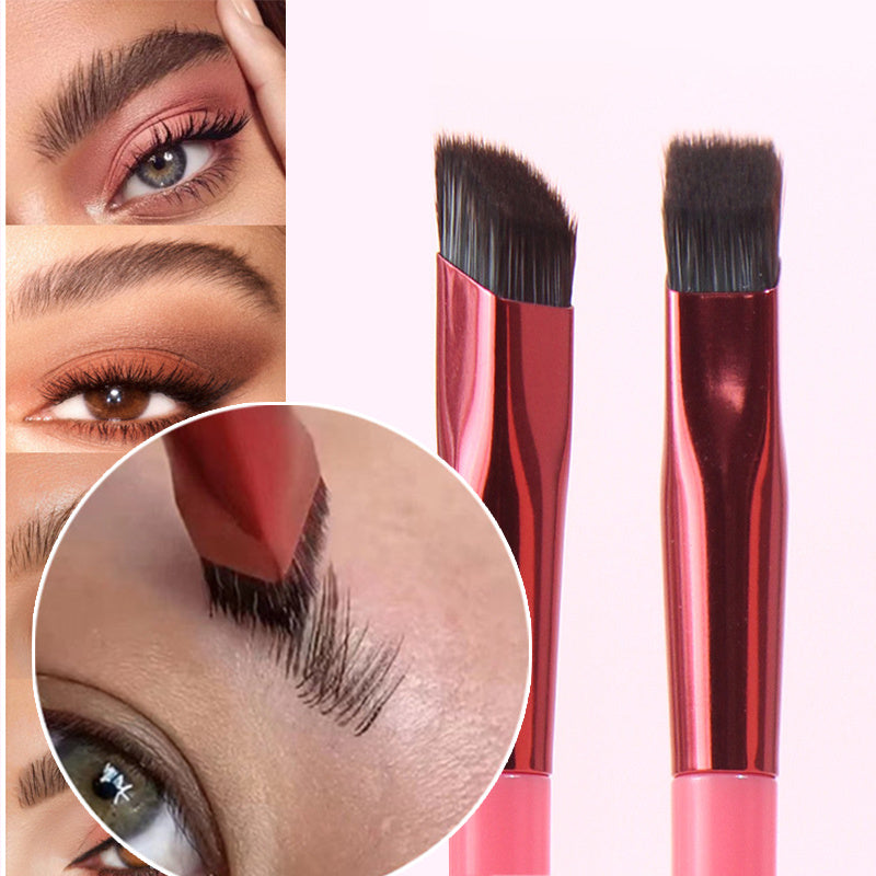 Makeup brushes with close-up shots of eye makeup application on a white background