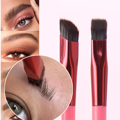 Makeup brushes with close-up shots of eye makeup application on a white background