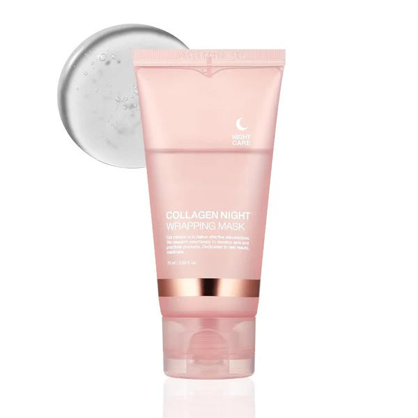 Collagen night wearing mask tube with silver applicator on a white background