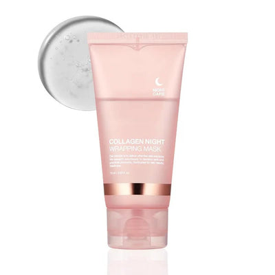 Collagen night wearing mask tube with silver applicator on a white background