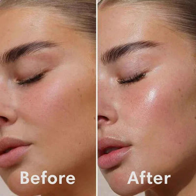 Before and after comparison of a woman's face with visible makeup changes.