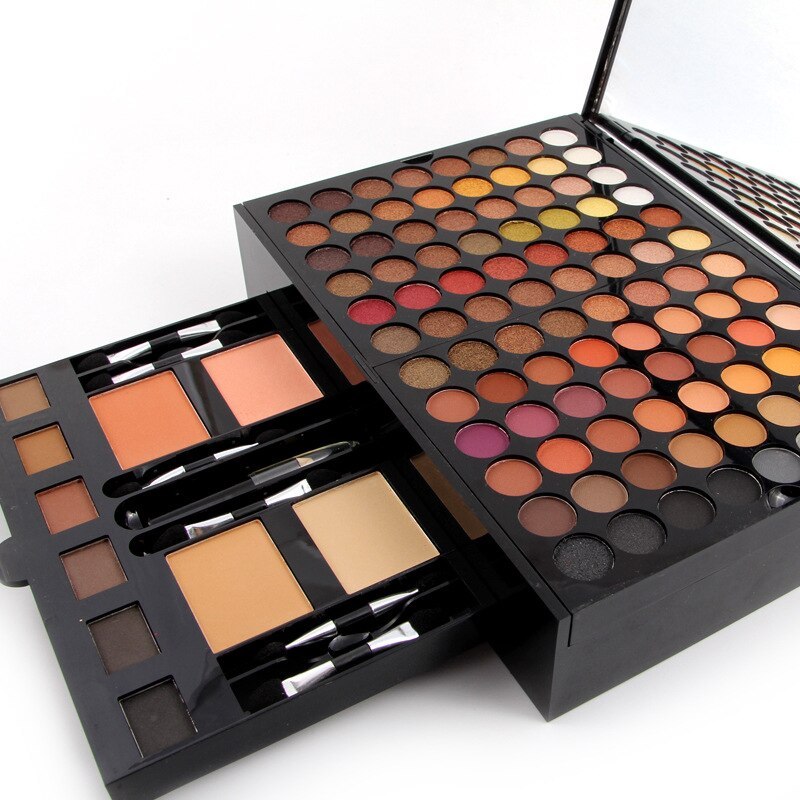 Side angle of 180 Colors Eyes Shadow Blush Set Personalized Piano-shaped Makeup Palette Box showing blush, powder, and eyebrow compartments.