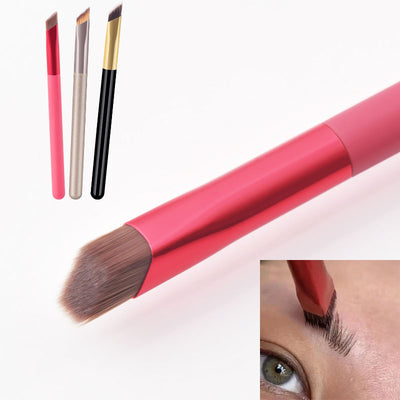 Makeup brush with pink handle and brown bristle, shown with close-up of use on eye.