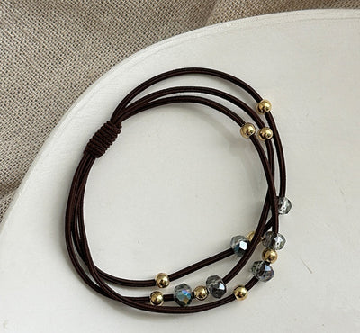 Dark brown Durable Hair Rope Adult Hair Elastic Band with iridescent crystal and gold beads, offering a chic Korean-style look.