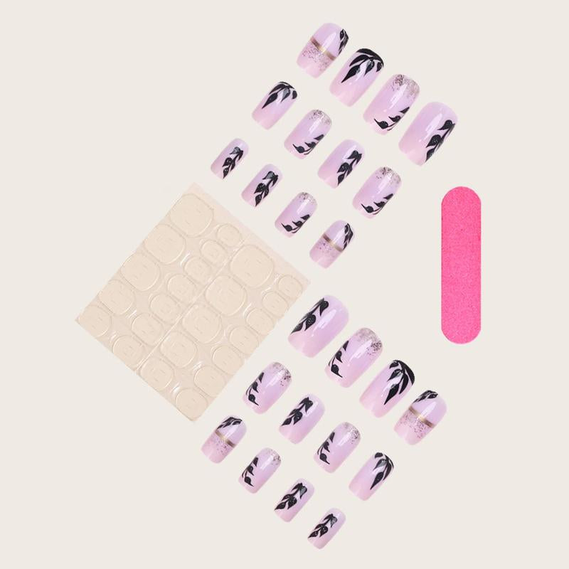 Glitter Square Fake Nail, 24Pcs Leaf Pattern Press on Nail with & 1 Sheet Tape & 1 Count File, Removable Nail Art Artificial Full Cover, Women Girls DIY Manicure