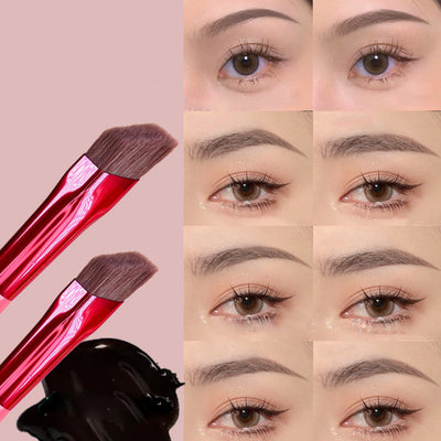 Makeup brushes with a close-up of eye makeup application on a pink background