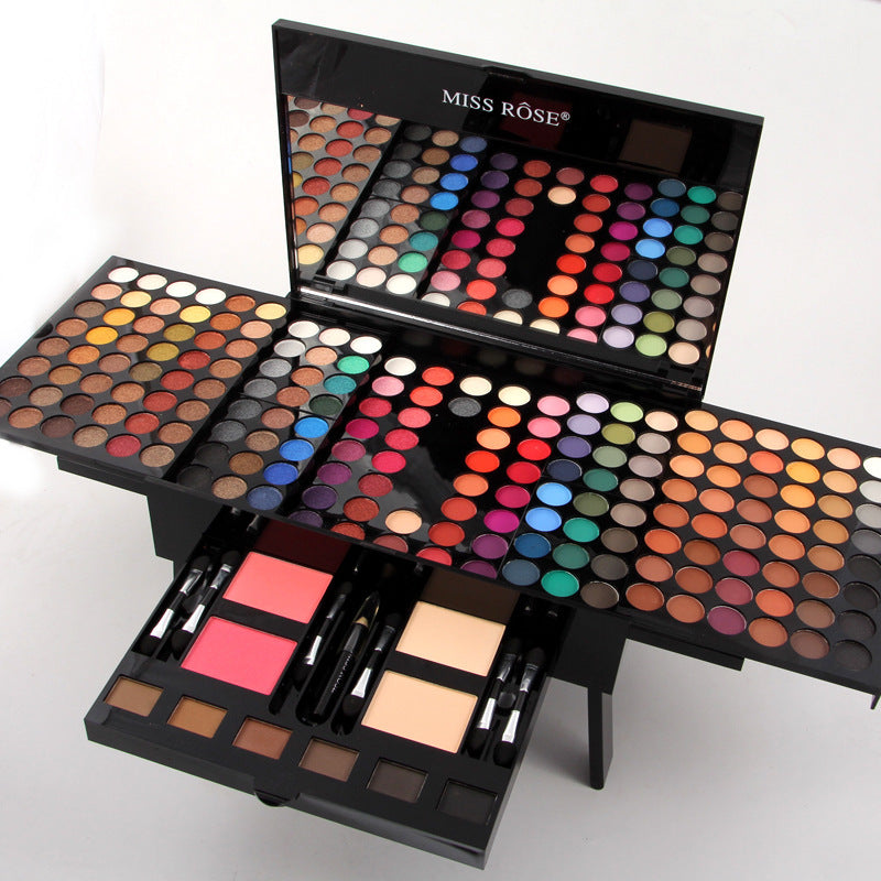 Full display of 180 Colors Eyes Shadow Blush Set Personalized Piano-shaped Makeup Palette Box with extended trays and complete cosmetic set visible.