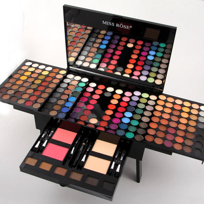 Full display of 180 Colors Eyes Shadow Blush Set Personalized Piano-shaped Makeup Palette Box with extended trays and complete cosmetic set visible.