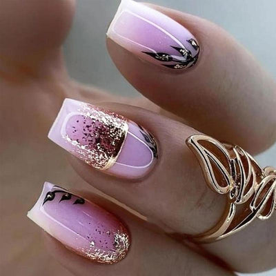 Glitter Square Fake Nail, 24Pcs Leaf Pattern Press on Nail with & 1 Sheet Tape & 1 Count File, Removable Nail Art Artificial Full Cover, Women Girls DIY Manicure